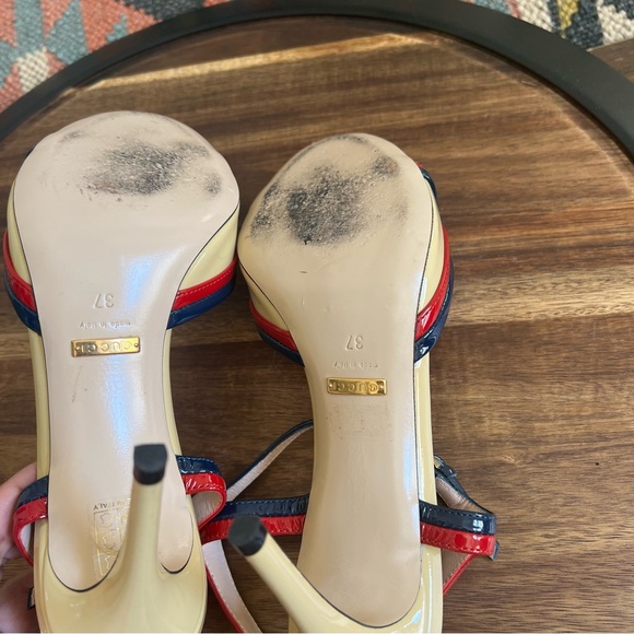 GUCCI Red/Navy Twisted Strap Ankle Strap Heels EU37 US7 - Picture 12 of 14